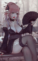 Rule 34 | 1girl, au ra, black thighhighs, blue eyes, blurry, blurry background, breasts, brown hair, cleavage, crossed legs, detached collar, detached sleeves, dragon horns, dragon tail, fictional persona, final fantasy, final fantasy xiv, hair ornament, hand fan, horns, large breasts, lips, long hair, looking at viewer, nail polish, plexi, ponytail, scales, sitting, solo, soranamae, swept bangs, tail, thighhighs, veins, veiny breasts