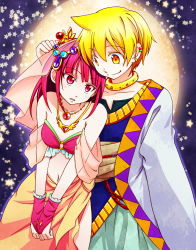 Rule 34 | 1boy, 1girl, ali baba saluja, bare shoulders, blonde hair, choker, gem, gloves, harem outfit, highres, jewelry, kotosan, magi the labyrinth of magic, morgiana, navel, red eyes, red hair, smile, yellow eyes
