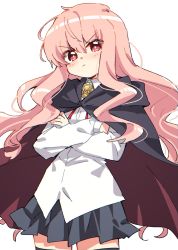 Rule 34 | 1girl, black cape, black skirt, black thighhighs, cape, crossed arms, dress shirt, highres, long hair, long sleeves, looking at viewer, louise francoise le blanc de la valliere, matsuda hikari, pentacle, pink hair, pleated skirt, red eyes, red ribbon, ribbon, shirt, simple background, skirt, solo, thighhighs, white background, zero no tsukaima