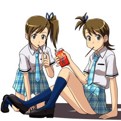 Rule 34 | 2girls, all fours, arm support, brown eyes, brown hair, eating, flipped hair, food, futami ami, futami mami, idolmaster, idolmaster (classic), lielos, looking at viewer, mouth hold, multiple girls, necktie, plaid, plaid skirt, pocky, rough time school, school uniform, short hair, siblings, side ponytail, sisters, sitting, skirt, smile, twins