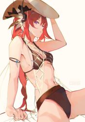 Rule 34 | 1girl, absurdres, arknights, armlet, artist name, bare shoulders, bikini, black bikini, bracelet, breasts, brown hat, cleavage, cmdr saturn, feather hair ornament, feathers, hair ornament, hat, highres, horns, jewelry, long hair, looking at viewer, medium breasts, navel, parted lips, purple eyes, red hair, simple background, sitting, solo, sun hat, surtr (arknights), swimsuit, white background