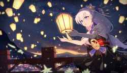 Rule 34 | 1girl, absurdres, bare shoulders, blue eyes, china dress, chinese clothes, dress, flower, hair flower, hair ornament, highres, honkai (series), honkai impact 3rd, lantern, long hair, night, night sky, open mouth, outdoors, paper lantern, sky, sky lantern, solo, star (sky), starry sky, theresa apocalypse, zhuge kongming (honkai impact), white flower, white hair, xiang he he qunzi, zhuge kongming (honkai impact)