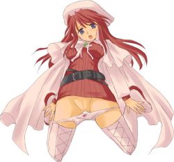 Rule 34 | 1girl, aty, aty (summon night), belt, belt skirt, boots, bow, bow panties, panties, panty pull, pink panties, pussy, solo, summon night, summon night 3, thigh boots, thighhighs, uncensored, underwear, white footwear