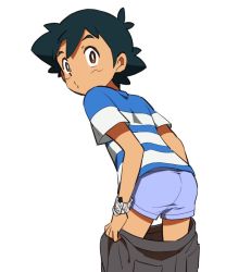 Rule 34 | 1boy, ash ketchum, bad id, bad twitter id, black hair, blue boxers, blue male underwear, boxers, bright pupils, brown eyes, cowboy shot, creatures (company), djmn c, dressing, facial mark, from behind, game freak, looking at viewer, looking back, male focus, male underwear, nintendo, pokemon, pokemon (anime), pokemon sm (anime), shirt, short hair, simple background, solo, striped clothes, striped shirt, surprised, t-shirt, underwear, whisker markings, white background, z-ring