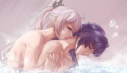 Rule 34 | 2girls, bath, blue eyes, blunt bangs, bruise, completely nude, couple, cross, cross earrings, earrings, eyeliner, eyeshadow, from side, hair ornament, half-closed eyes, high ponytail, hime cut, holding hands, honkai (series), honkai impact 3rd, hug, hug from behind, injury, interlocked fingers, jewelry, kiana kaslana, kiana kaslana (herrscher of flamescion), leaning on person, licking, licking another&#039;s neck, long hair, looking at another, looking back, makeup, midmenagerie, multicolored hair, multiple girls, nude, parted lips, partially submerged, pink eyes, profile, purple hair, raiden mei, same-sex bathing, scar, shared bathing, sidelocks, simple background, soap bubbles, steam, streaked hair, tongue, tongue out, upper body, wet, white hair, yuri