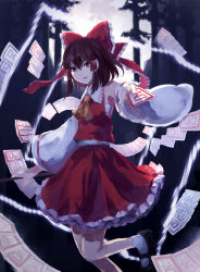 Rule 34 | 1girl, 60mai, ascot, bandages, between fingers, bow, brown eyes, brown hair, detached sleeves, female focus, forest, gohei, hair bow, hair tubes, hakurei reimu, highres, holding, long sleeves, looking at viewer, nature, outstretched arm, outstretched hand, sarashi, shirt, skirt, skirt set, sky, solo, spell card, touhou, tree, wide sleeves