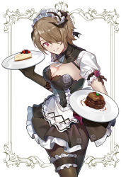 Rule 34 | 1girl, apron, black gloves, black pantyhose, border, breasts, brown hair, cake, cake slice, cleavage, dress, food, frilled apron, frilled dress, frills, gloves, grin, hair over one eye, highres, holding, holding plate, honkai (series), honkai impact 3rd, looking at viewer, maid, maid apron, maid headdress, mole, mole under eye, open mouth, pantyhose, plate, purple eyes, rita rossweisse, rita rossweisse (umbral rose), short hair, short sleeves, simple background, sin (btc86amme), smile, solo, teeth, white background