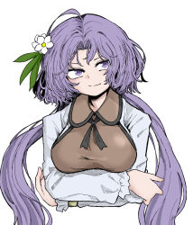 Rule 34 | 1girl, arms under breasts, breasts, closed mouth, fe (tetsu), flower, hair flower, hair ornament, highres, large breasts, long hair, long sleeves, looking at viewer, purple hair, simple background, smile, solo, touhou, tsukumo benben, white background, white flower