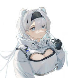 Rule 34 | 1girl, animal ears, arknights, aurora (arknights), bear ears, black gloves, black hairband, blue eyes, breasts, cleavage, cleavage cutout, clothing cutout, commentary request, gloves, hairband, hand up, high collar, jacket, long hair, long sleeves, looking at viewer, silver hair, simple background, solo, upper body, white background, white jacket, yincha