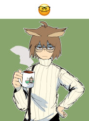 Rule 34 | 1girl, absurdres, arknights, bags under eyes, brown eyes, brown hair, closed mouth, commentary, cup, emoji, english commentary, glasses, green background, half-closed eyes, hand on own hip, highres, holding, holding cup, imitating, long sleeves, looking at viewer, mug, nik (slicknick 000), ribbed sweater, short hair, silence (arknights), solo, steam, suspenders, sweater, turtleneck, turtleneck sweater, two-tone background, white background, white sweater