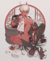 Rule 34 | 1girl, abs, bandaged hand, bandaged leg, bandages, blush, breasts, breasts apart, can, colored skin, dragon print, drunk, feather hair, food, grey hair, half-closed eyes, highres, holding, holding can, indian style, jacket, large breasts, monster girl, mu lu (ub1mo), naked jacket, needle, open clothes, open jacket, original, parted lips, red hair, red skin, shoes, short hair, single sidelock, sitting, sneakers, solo, squeans, sukajan, throwing needles, toned, ub1mo