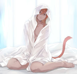 Rule 34 | 1boy, animal ears, babape, bed, bed sheet, cat boy, cat ears, cat tail, covering privates, facial mark, final fantasy, final fantasy xiv, g&#039;raha tia, highres, looking at viewer, male focus, medium hair, miqo&#039;te, nude, nude cover, red eyes, red hair, smile, solo, tail, yaoi