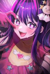 Rule 34 | 1girl, akai ame, blush, commentary request, dress, gloves, hair ornament, half-heart hands, hoshino ai (oshi no ko), long hair, looking at viewer, multicolored hair, open mouth, oshi no ko, pink gloves, pink hair, purple eyes, purple hair, smile, solo, star-shaped pupils, star (symbol), star hair ornament, streaked hair, sweat, symbol-shaped pupils, teeth, upper teeth only