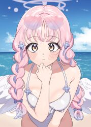 Rule 34 | 1girl, angel wings, bare arms, bare legs, bare shoulders, beach, blue archive, blush, breasts, closed mouth, cowboy shot, day, halo, leaning forward, long hair, looking at viewer, medium breasts, mika (blue archive), ocean, one-piece swimsuit, outdoors, pink hair, pink halo, saionji mayoi, solo, swimsuit, white one-piece swimsuit, white wings, wings, yellow eyes