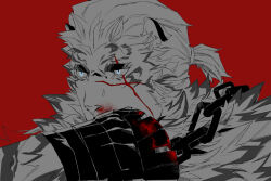 Rule 34 | 1boy, animal ears, arknights, blood, blood on hands, chain, chain necklace, furry, furry male, glowing, glowing eyes, hinokumo f, jewelry, male focus, mountain (arknights), necklace, nosebleed, portrait, scar, scar across eye, scar on face, short hair, solo, spot color, tiger boy, tiger ears, white fur, wiping blood