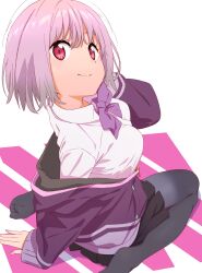 Rule 34 | 1girl, black pantyhose, black skirt, bow, bowtie, breasts, closed mouth, collared shirt, from above, gridman universe, highres, jacket, long sleeves, looking at viewer, medium breasts, no shoes, off shoulder, pantyhose, purple bow, purple bowtie, purple hair, purple jacket, red eyes, semham, shinjou akane, shirt, short hair, sitting, skirt, smile, solo, ssss.gridman, wariza, white background, white shirt