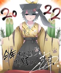 Rule 34 | 1girl, 2022, absurdres, animal ears, animal print, black eyes, black hair, black hakama, blurry, blurry background, cat ears, chinese zodiac, commentary, detached sleeves, hair ornament, hair ribbon, hairclip, hakama, half-closed eyes, highres, japanese clothes, kadomatsu, kimono, kokuin, kotoyoro, long hair, looking at viewer, new year, original, outstretched arms, parted lips, paw print, ponytail, print kimono, print sleeves, ribbon, sleeveless, sleeveless kimono, solo, spread arms, standing, tiger print, translated, wide sleeves, year of the tiger, yellow kimono, yellow ribbon, yellow sleeves