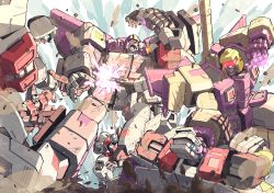 Rule 34 | 6+boys, aerialbots, air raid (transformers), astrotrain, autobot, blitzwing, blue eyes, borezet, cannon, clenched hands, decepticon, fighting, fireflight, full body, glowing, glowing eyes, gun, machine, machinery, male focus, mecha, multiple boys, no humans, open mouth, personification, red eyes, retro artstyle, robot, science fiction, silverbolt, skydive (transformers), slingshot (transformers), smile, transformers, weapon