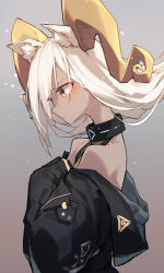 Rule 34 | 1girl, absurdres, animal ear fluff, animal ears, arknights, bare shoulders, beeswax (arknights), beudelb, black collar, black jacket, collar, commentary, dark-skinned female, dark skin, from side, goat ears, goat girl, goat horns, grey background, highres, horns, infection monitor (arknights), jacket, looking down, off shoulder, profile, simple background, solo, upper body, yellow eyes