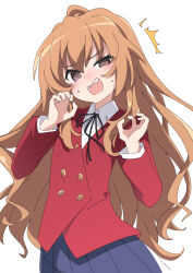 Rule 34 | 1girl, @ @, ^^^, aisaka taiga, blush, brown eyes, brown hair, ixy, long hair, looking at viewer, open mouth, school uniform, simple background, solo, teeth, toradora!, upper teeth only, white background
