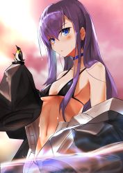Rule 34 | 1girl, absurdres, bare shoulders, bikini, bird, black bikini, black jacket, blue choker, blue eyes, blush, breasts, choker, closed mouth, collarbone, fate/grand order, fate (series), figure, hair between eyes, highres, jacket, long hair, long sleeves, looking at viewer, meltryllis, meltryllis (fate), meltryllis (swimsuit lancer) (fate), meltryllis (swimsuit lancer) (first ascension) (fate), navel, off shoulder, open clothes, open jacket, penguin, pink sky, purple hair, shirokuma1414, sky, sleeves past fingers, sleeves past wrists, small breasts, solo, swimsuit, twilight, very long hair, wading, water, wet