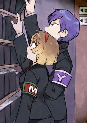 Rule 34 | 1boy, 1girl, armband, black jacket, black pants, black sweater, bookshelf, breasts, brown hair, commentary request, hairband, indoors, jacket, lobotomy corporation, long sleeves, malkuth (project moon), medu (rubish), necktie, pants, project moon, purple hair, reaching, red armband, red hairband, red necktie, ribbed sweater, shirt, short hair, small breasts, sweater, turtleneck, turtleneck sweater, white shirt, yesod (project moon)