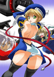Rule 34 | 1girl, 3boys, arc system works, arms up, ass, backless dress, backless outfit, bare back, beret, black thighhighs, blazblue, blazblue: calamity trigger, blonde hair, brothers, detached sleeves, dress, dual wielding, green eyes, grey hair, gun, handgun, hat, heterochromia, holding, iron tager, kisaragi jin, looking back, multiple boys, noel vermillion, panties, pantyshot, ragna the bloodedge, red eyes, red ribbon, ribbon, short hair, siblings, tanaka hitoriaruki, thighhighs, underwear, upskirt, weapon, white panties