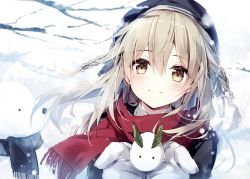 Rule 34 | 1girl, beret, black hat, black jacket, black scarf, blush, braid, branch, closed mouth, collared shirt, commentary request, fringe trim, hair between eyes, hands up, hat, highres, holding, jacket, long hair, looking at viewer, mittens, mochizuki shiina, original, red scarf, scarf, shirt, smile, snow, snow rabbit, snowing, snowman, solo, twin braids, upper body, white mittens, white shirt