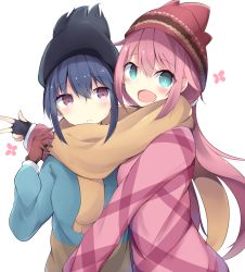 Rule 34 | 2girls, :d, beanie, black gloves, black hat, blue eyes, blue hair, blue jacket, blush, brown eyes, brown gloves, brown scarf, closed mouth, commentary request, fingerless gloves, fringe trim, gloves, hair between eyes, hat, head tilt, jacket, kagamihara nadeshiko, kyuukon (qkonsan), long sleeves, multiple girls, open mouth, pink hair, red hat, red jacket, scarf, shared clothes, shared scarf, shima rin, simple background, smile, sweat, white background, yurucamp
