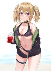 Rule 34 | 1girl, absurdres, bare shoulders, bikini, black bikini, black choker, black jacket, blonde hair, chloe (princess connect!), choker, cowboy shot, cup, disposable cup, front-tie bikini top, front-tie top, halterneck, highres, holding, jacket, long hair, long sleeves, looking at viewer, multi-strapped bikini, off shoulder, open clothes, open jacket, pointy ears, princess connect!, purple eyes, rama (yu-light8), revision, side-tie bikini bottom, simple background, solo, swimsuit, thigh strap, thighs, twintails, white background, zipper