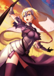 Rule 34 | 1girl, armor, armored dress, black gloves, blonde hair, blue eyes, braid, breasts, capelet, ecat, fate/apocrypha, fate/grand order, fate (series), faulds, flag, gauntlets, gloves, headpiece, highres, jeanne d&#039;arc (fate), jeanne d&#039;arc (ruler) (fate), long hair, open mouth, ruler (fate/grand order), single braid, solo, thighhighs, yellow eyes