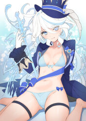 Rule 34 | ascot, bikini, black ascot, blue ascot, blue bikini, blue brooch, blue hair, blue hat, blue jacket, breasts, cleavage, front-tie bikini top, front-tie top, furina (genshin impact), genshin impact, hat, holding, jacket, light blue hair, looking at viewer, medium breasts, mismatched pupils, navel, open clothes, side-tie bikini bottom, sitting, smile, stomach, swimsuit, thigh strap, tony taka, top hat, wariza, white trim bow