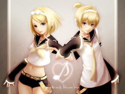 Rule 34 | 1boy, 1girl, belt, blonde hair, blue eyes, brother and sister, detached sleeves, headphones, kagamine len, kagamine rin, microphone, midriff, navel, necktie, ponytail, short hair, shorts, siblings, smile, twins, vocaloid, yellow necktie, yori, yori (shitsuon)
