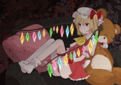 Rule 34 | 1girl, ascot, blonde hair, blood, blood splatter, bow, bridal garter, button eyes, buttons, commentary request, crystal, flandre scarlet, frilled skirt, frilled sleeves, frills, hair bow, hat, highres, leaning back, leaning on object, mob cap, one side up, pillow, red bow, red eyes, red skirt, sakechazuke, short sleeves, single thighhigh, skirt, skirt set, socks, solo, stuffed animal, stuffed toy, teddy bear, thighhighs, touhou, white socks, wings, wrist cuffs, yellow ascot