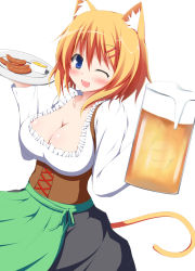 Rule 34 | 1girl, ;d, alcohol, animal ears, apron, beer, beer mug, blue eyes, breasts, cat ears, cat tail, cleavage, cup, dirndl, food, german clothes, hair ornament, hairclip, highres, large breasts, looking at viewer, mizuki (kogetsu-tei), mug, mustard, one eye closed, open mouth, orange hair, original, plate, sausage, short hair, smile, solo, tail, traditional clothes, underbust, waist apron, wink