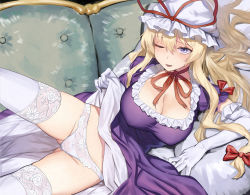 Rule 34 | 1girl, blonde hair, bow, breasts, cleavage, couch, dress, elbow gloves, gloves, gluteal fold, gunnjou yosio, hair bow, hat, hat ribbon, highres, large breasts, long hair, looking at viewer, lying, mob cap, neck ribbon, on side, one eye closed, panties, puffy short sleeves, puffy sleeves, purple dress, purple eyes, red bow, red ribbon, ribbon, short sleeves, smile, solo, thighhighs, touhou, underwear, white gloves, white hat, white panties, white thighhighs, yakumo yukari