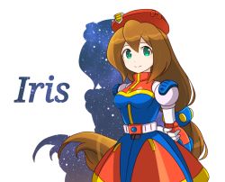 Rule 34 | 1girl, 398sky, android, arms behind back, beret, blush, breasts, brown hair, character name, commentary, green eyes, hair between eyes, hat, iris (mega man), long hair, looking at viewer, low-tied long hair, medium breasts, mega man (series), mega man x (series), shadow, simple background, smile, solo, very long hair