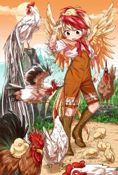 Rule 34 | 1girl, :d, adapted costume, alternate costume, animal, animal on head, arm at side, arm up, bird, bird girl, bird on head, bird tail, bird wings, blonde hair, boots, chick, chicken, commentary request, cropped shirt, feathered wings, full body, looking at another, looking down, medium hair, meme, multicolored hair, niwatari kutaka, on head, open mouth, orange sky, outdoors, overalls, parody, red eyes, red hair, rooster, salt bae (meme), shimizu pem, shirt, sky, smile, standing, sun, tail, touhou, two-tone hair, wings, yellow wings