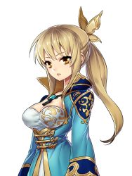 Rule 34 | 1girl, blonde hair, breasts, brown eyes, butterfly hair ornament, cleavage, dress, hair ornament, large breasts, long hair, parted lips, ponytail, shin sangoku musou, solo, upper body, wang yuanji, white background, zn (zzzzzni)
