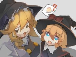 Rule 34 | 2girls, :3, ?, black capelet, black eyes, black headwear, blonde hair, blue eyes, bow, bright pupils, buttons, capelet, commentary, cookie (touhou), d:, food, food on face, grey background, hair between eyes, hat, hat bow, kirisame marisa, long hair, looking at another, looking to the side, meguru (cookie), multiple girls, nervous, nnuesuki, open mouth, pudding, purple bow, red bow, shirt, short hair, spoken object, touhou, turtleneck, two-tone background, upper body, white pupils, white shirt, witch hat, yuuhi (cookie)