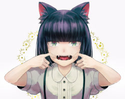Rule 34 | 1other, androgynous, animal ears, blue hair, bob cut, cat ears, fangs, green eyes, kuroi nyan, kuroinyan, md5 mismatch, mouth pull, open mouth, other focus, pixiv fantasia, pixiv fantasia new world, resolution mismatch, short hair, simple background, solo, source larger, suspenders, white background