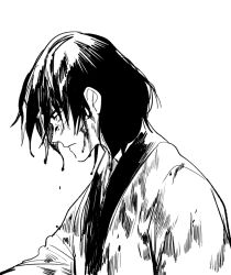Rule 34 | 1boy, blood, blood drop, blood in hair, blood on clothes, blood on face, closed mouth, halorane, ishikawa goemon xiii, japanese clothes, long sleeves, looking down, lupin iii, male focus, messy hair, monochrome, profile, short hair, simple background, solo, upper body