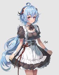Rule 34 | 1girl, a (sofi3103), absurdres, ahoge, alternate costume, apron, artist name, bad id, bad twitter id, black bow, black bowtie, black dress, blue hair, blush, bow, bowtie, breasts, closed mouth, cowboy shot, dress, enmaided, frilled apron, frilled dress, frilled hairband, frills, ganyu (genshin impact), genshin impact, goat horns, grey background, hairband, highres, horns, long hair, looking at viewer, low ponytail, maid, maid apron, maid headdress, medium breasts, puffy short sleeves, puffy sleeves, purple eyes, short sleeves, sidelocks, simple background, skirt hold, smile, solo, standing, waist apron, white apron, white wrist cuffs, wrist cuffs