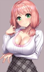 Rule 34 | 1girl, arm under breasts, bang dream!, blush, breast hold, breasts, cleavage, closed mouth, covered erect nipples, green eyes, grey background, hair over shoulder, hand in own hair, high-waist skirt, lambda (kusowarota), large breasts, long sleeves, looking at viewer, low twintails, medium hair, pink hair, plaid, plaid skirt, shirt, simple background, skirt, smile, solo, standing, twintails, uehara himari, underbust, upper body, white shirt