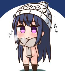 Rule 34 | 1girl, :o, arms at sides, beanie, blue background, blue hair, blush, boots, breath, brown footwear, chibi, full body, groin, hair between eyes, hair down, hana kazari, hat, long hair, naked scarf, parted lips, purple eyes, scarf, shima rin, solo, standing, translated, two-tone background, very long hair, white background, white hat, yurucamp