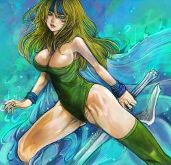 Rule 34 | 1990s (style), 1girl, bandana, blonde hair, bracelet, breasts, cape, celes chere, cleavage, final fantasy, final fantasy vi, green thighhighs, jewelry, kazaana, large breasts, legs, leotard, long hair, long legs, retro artstyle, solo, sword, thighhighs, thighs, weapon