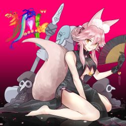 Rule 34 | 1girl, animal ears, bare shoulders, barefoot, black gloves, breasts, china dress, chinese clothes, commentary, commentary request, dress, fang, fate/grand order, fate (series), fox ears, fox tail, gloves, gradient background, hand fan, highres, koyanskaya (chinese lostbelt outfit) (fate), koyanskaya (fate), large breasts, long hair, looking at viewer, pink hair, sitting, smile, solo, tail, tamago honrou, underboob, yellow eyes