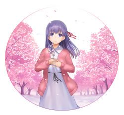Rule 34 | 1girl, cherry blossoms, cherry tree, commentary request, dress, fate/stay night, fate (series), hair ribbon, highres, hirono (hxze4434), jacket, long hair, long sleeves, looking at viewer, matou sakura, outdoors, pink jacket, purple eyes, purple hair, ribbon, solo, white dress