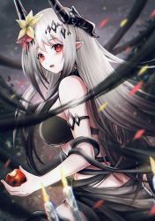 Rule 34 | 1girl, 3 (sanyako1), :o, apple, arknights, armlet, bad id, bad pixiv id, bare shoulders, bikini, black bikini, black ribbon, blurry, blurry background, blurry foreground, blush, breasts, candle, depth of field, flower, food, from behind, fruit, hair flower, hair ornament, highres, holding, holding food, holding fruit, horns, large breasts, long hair, looking at viewer, looking back, mudrock (arknights), mudrock (silent night) (arknights), official alternate costume, open mouth, red eyes, red flower, ribbon, sarong, silver hair, sitting, solo, swimsuit, underboob, very long hair, yellow flower
