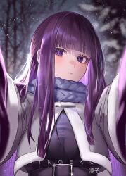 Rule 34 | 1girl, :t, absurdres, alternate costume, blunt bangs, blush, breasts, closed mouth, coat, commentary, fern (sousou no frieren), highres, imminent hug, large breasts, long hair, looking at another, looking at viewer, official alternate costume, outstretched arms, pout, pov, purple eyes, purple hair, purple pupils, ringeko-chan, scarf, snow, snowing, solo, sousou no frieren, spread arms, straight hair, winter clothes, winter coat